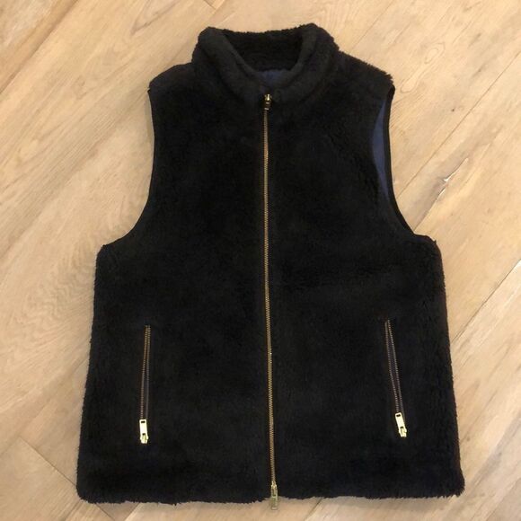 J. Crew Black Faux Fur Vest with Gold Zipper and Zip Pockets (S) - Picture 1 of 6